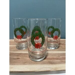 Vintage Libbey Christmas Wreath Drinking Glasses 12oz Chunky Round